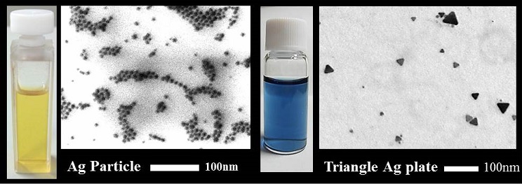 形状の異なる銀ナノ微粒子透過型顕微鏡像と分散溶液の色
